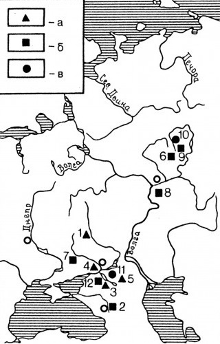 Карта распространения восточно-европейских рунических надписей (Дон-Волга)